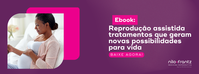 Mulher grávida sorrindo enquanto segura o ventre, ao lado de banner sobre tratamentos que oferecem novas possibilidades de vida.