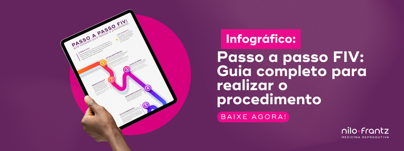 Pessoa segurando tablet com infográfico sobre o passo a passo da Fertilização in Vitro, com ilustrações coloridas.