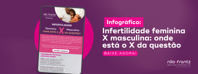 Infográfico sobre infertilidade feminina e masculina exibido em smartphone com destaque para causas e diferenças.