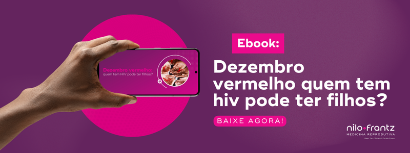 Capa de ebook sobre HIV e fertilidade com pergunta “quem tem HIV pode ter filhos?”, exibida em celular com fundo roxo.