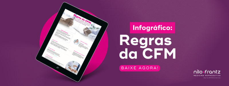 Infográfico sobre as regras da CFM exibido em um tablet com fundo roxo, promovendo material gratuito da Nilo Frantz.