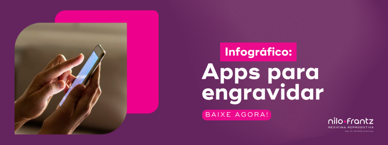 Pessoa usando celular, com destaque para infográfico gratuito da Nilo Frantz sobre app para engravidar.