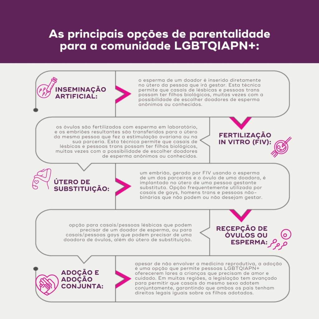 infográfico com as principais opções de parentalidade para a comunidade LGBTQIAPN+