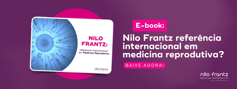 Capa de ebook com imagem de óvulo cercado por espermatozoides e título sobre Nilo Frantz como referência internacional.