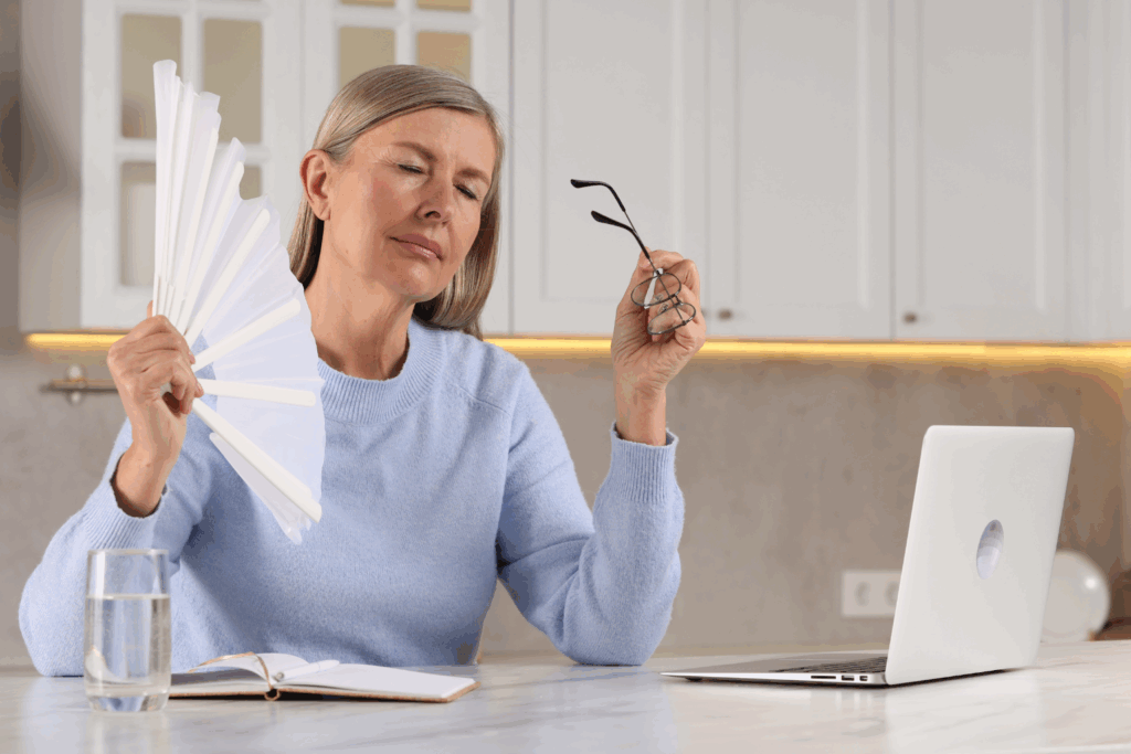 Mulher de meia-idade com ventilador de papel, sentindo calor intenso durante o climatério