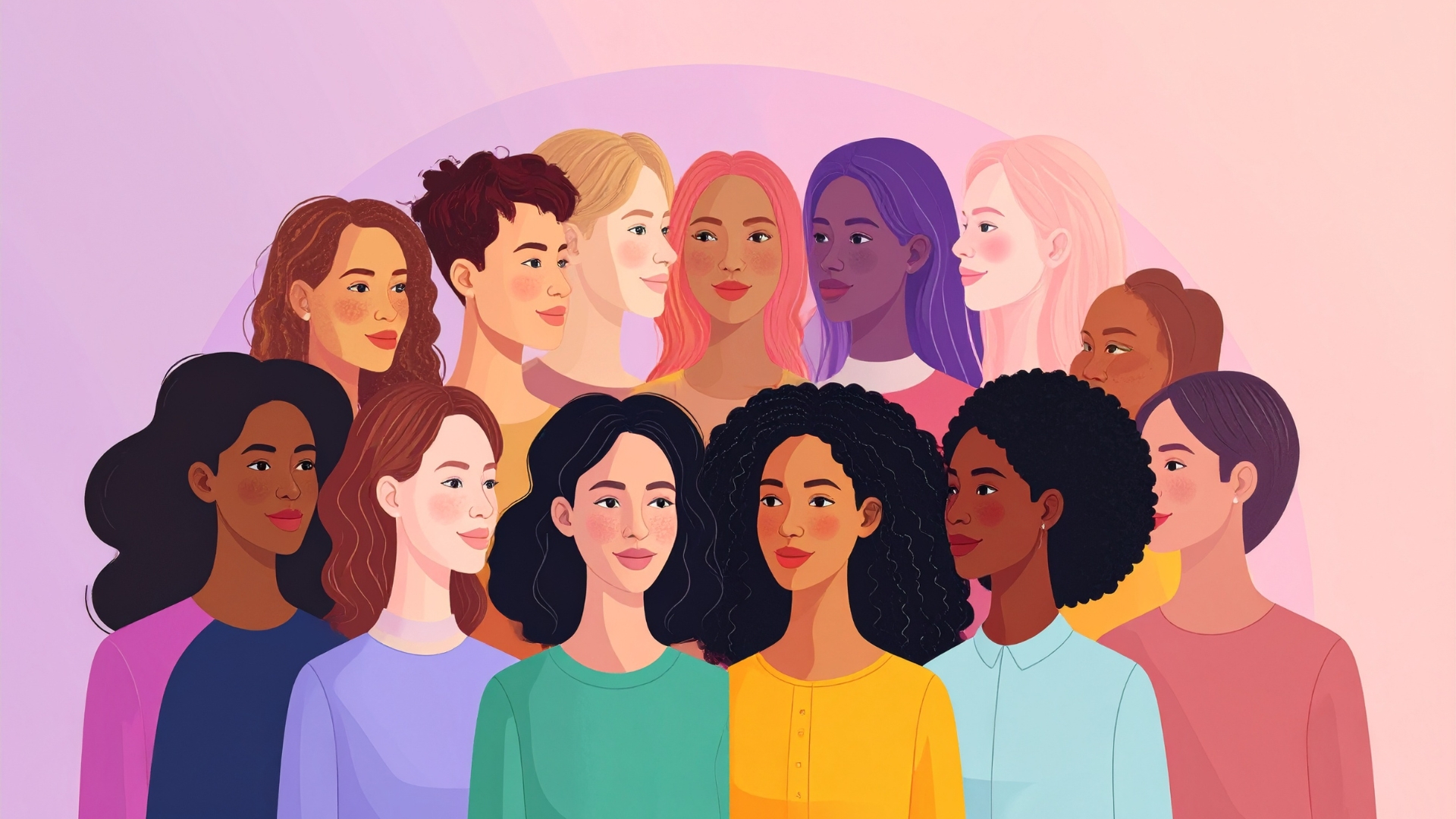 Ilustração de mulheres diversas de diferentes etnias e características, representando diversidade feminina, saúde da mulher e diferentes trajetórias de vida.