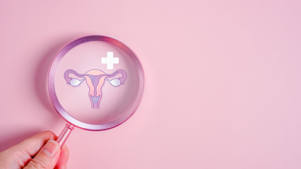 Lupa destacando ilustração do útero e ovários em fundo rosa, representando saúde da mulher, ginecologia e plano de saúde feminino.