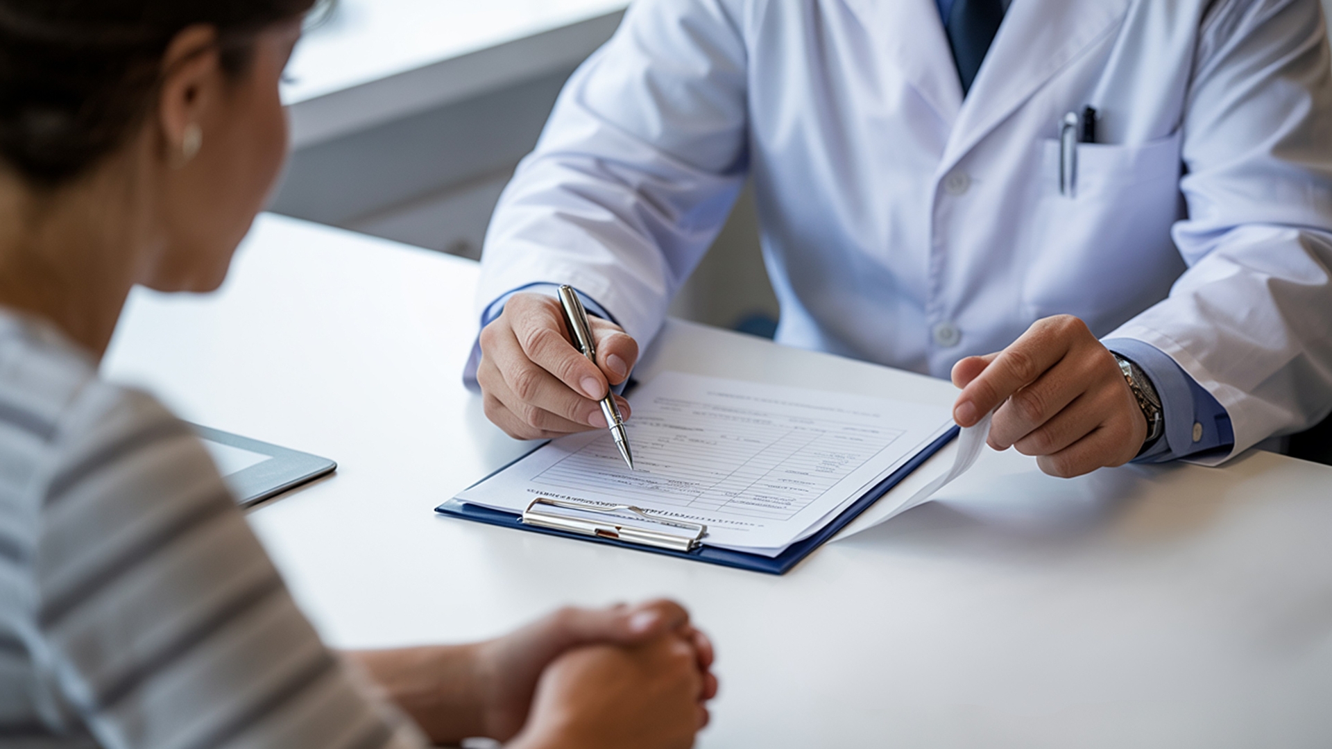 Médica explicando diferenças entre IVM e FIV para paciente em consulta de fertilidade